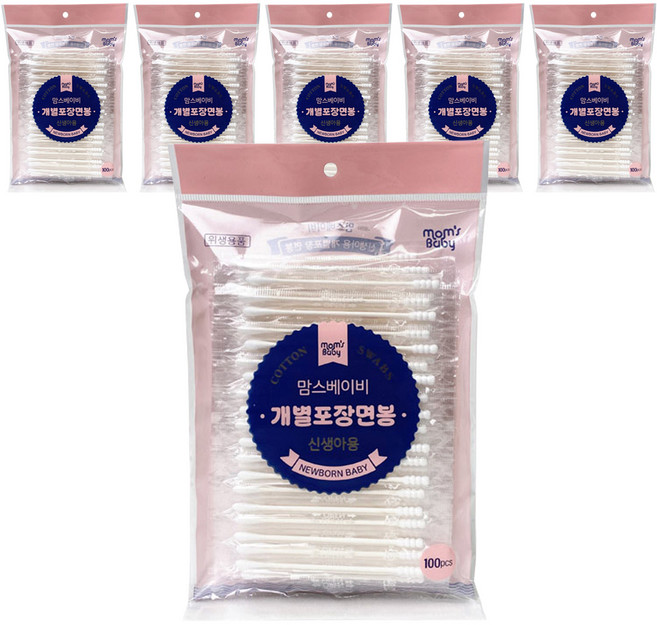 맘스베이비 신생아용 개별포장 면봉, 100개입, 6개