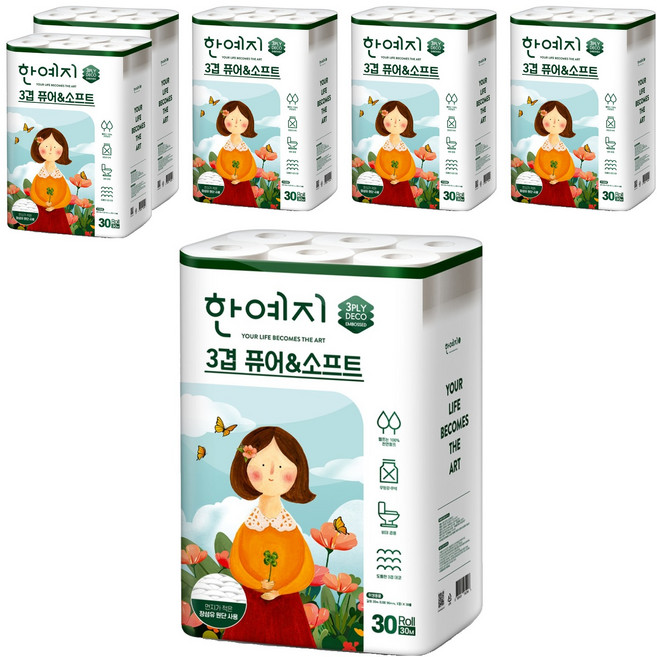 한예지 3겹 퓨어 앤 소프트 데코 화장지, 30m, 30개입, 6개