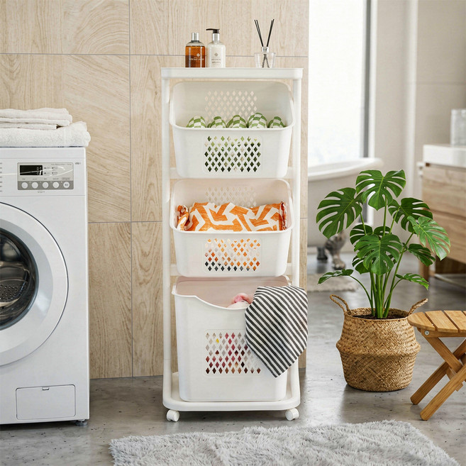 엠비코 루비 트임형 모던 트롤리 스윙 3단 빨래바구니, 화이트