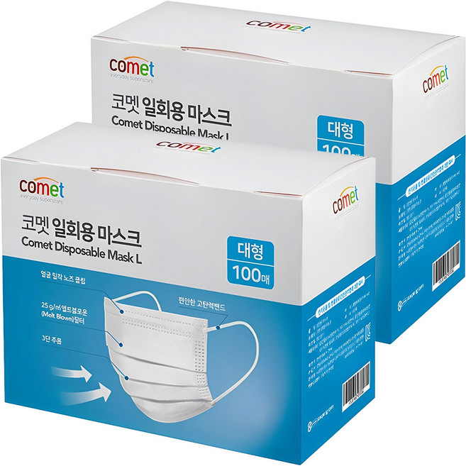 코멧 쉽게 뽑아쓰는 일회용 마스크 대형, 100개입, 2개, 화이트