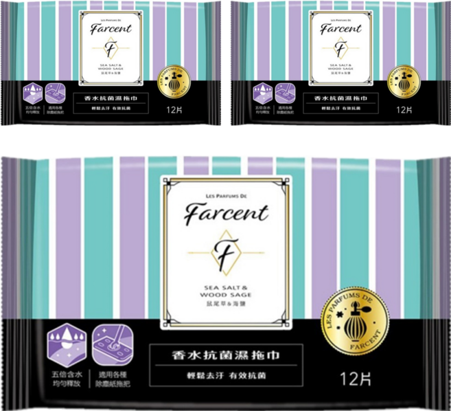 farcent 花仙子 驅塵氏 香水抗菌濕拖巾 鼠尾草與海鹽 12張, 3包