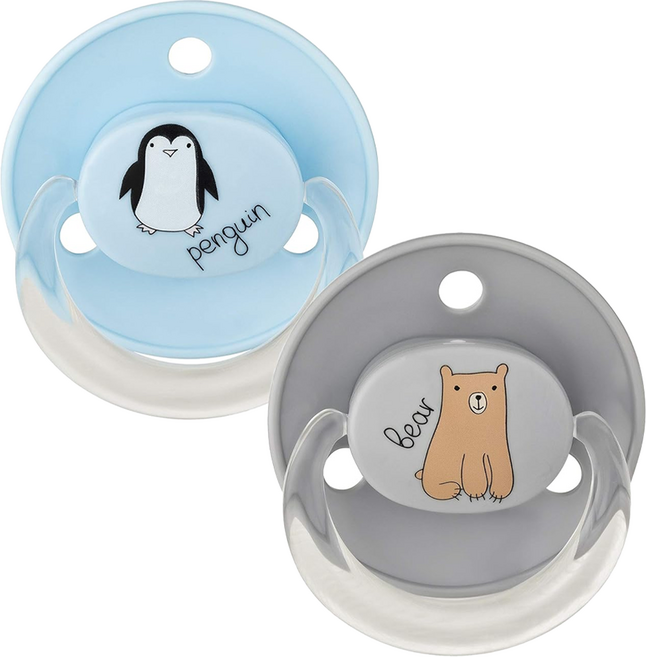 BABYNOVA 乳膠圓頭安撫奶嘴2入組, 0~24個月, 灰小熊 + 藍企鵝, 2個