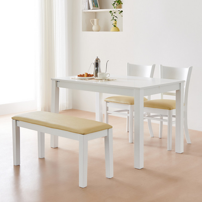 동서가구 캐빈 고무나무 원목 식탁 4인용 + 의자2p + 벤치 세트 방문설치, 화이트