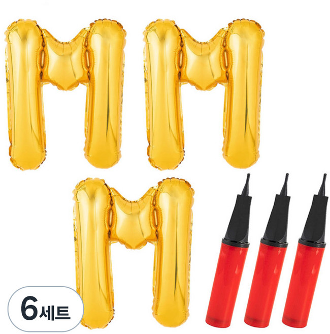 파티팡 알파벳 은박 풍선 대 M + 손펌프, 혼합 색상, 6세트