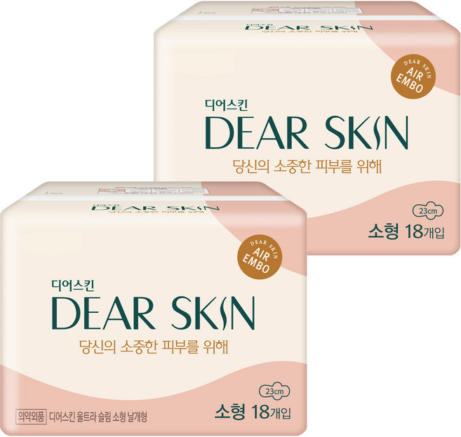 디어스킨 에어엠보 울트라 슬림 생리대 날개형, 소형, 18개입, 2세트
