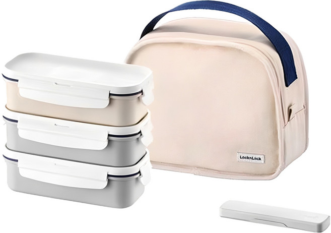 락앤락 데일리 코튼 직사각 3단 도시락 세트, 아이보리, 1개