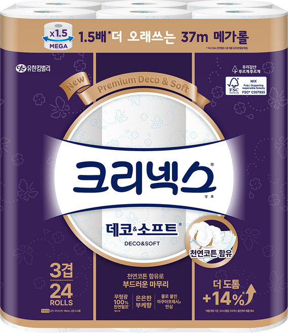 크리넥스 3겹 데코 앤 소프트 화장지, 37m, 24개입, 1개