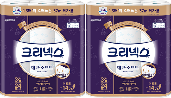 크리넥스 데코&소프트 천연펄프 3겹 고급롤화장지, 37m, 24개입, 2개