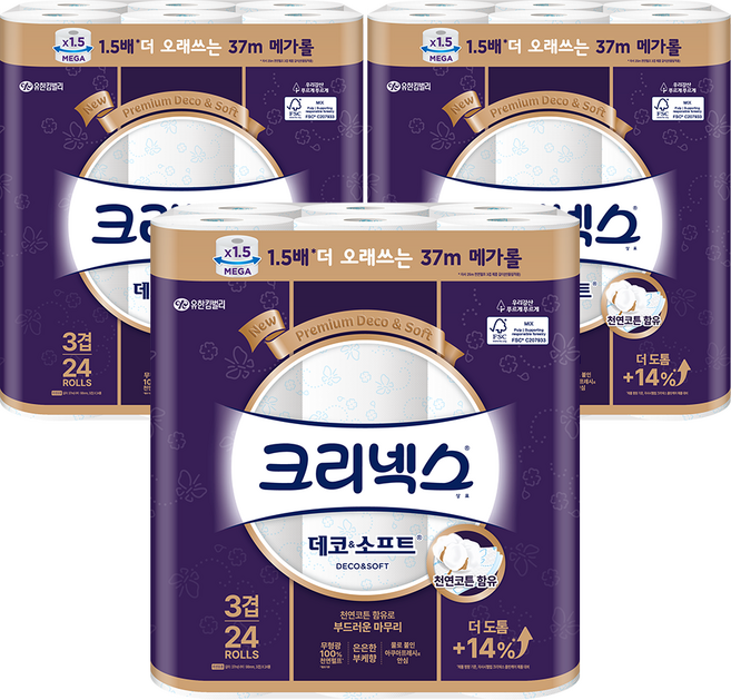 크리넥스 천연펄프 3겹 데코&소프트, 37m, 24롤, 3개