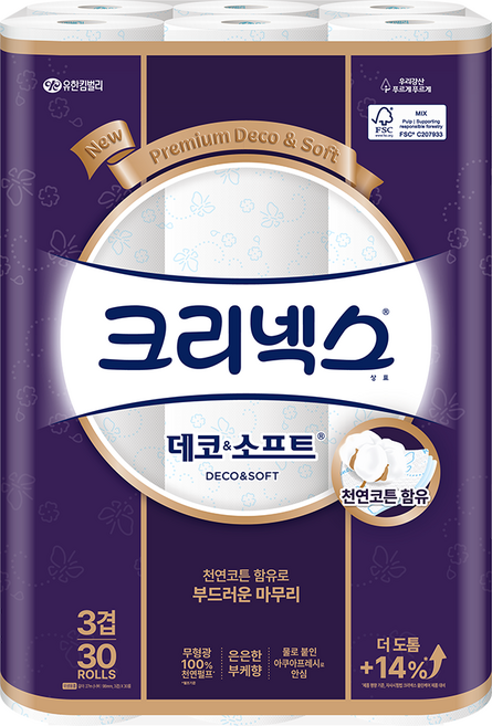 크리넥스 천연펄프 3겹 데코 앤 소프트 화장지, 27m, 30롤, 1개