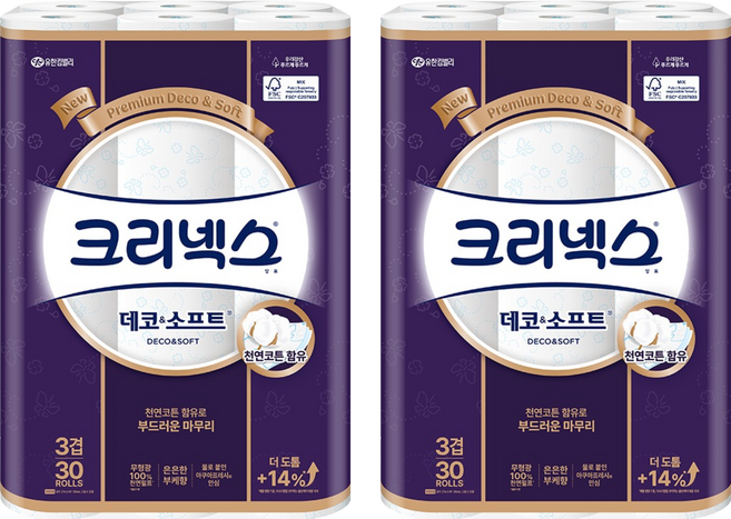 크리넥스 천연펄프 3겹 데코 앤 소프트 화장지, 27m, 30롤, 2개