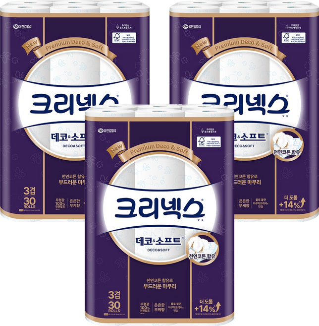 크리넥스 천연펄프 3겹 데코 앤 소프트 화장지, 27m, 30롤, 3개