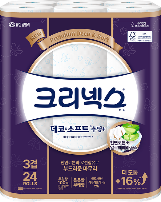 크리넥스 데코 앤 소프트 수딩플러스 천연펄프 3겹 고급롤화장지, 27m, 24롤, 1개