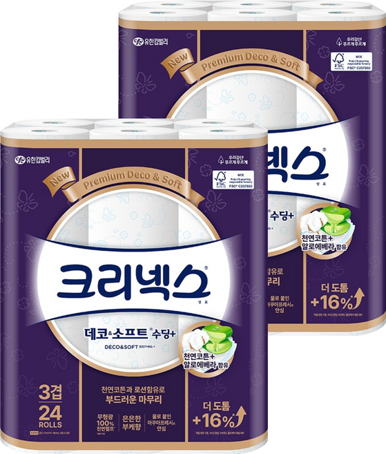 크리넥스 데코 앤 소프트 수딩플러스 천연펄프 3겹 고급롤화장지, 27m, 24개입, 2개