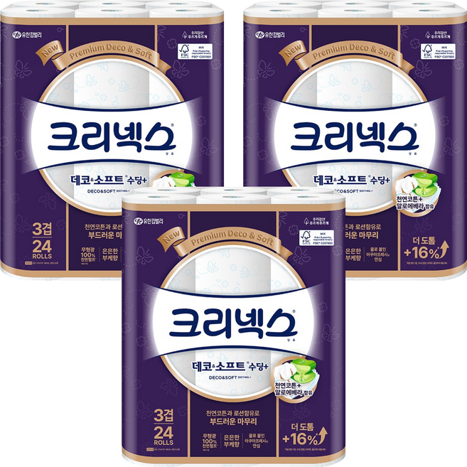 크리넥스 데코 앤 소프트 수딩플러스 천연펄프 3겹 고급롤화장지, 27m, 24개입, 3개