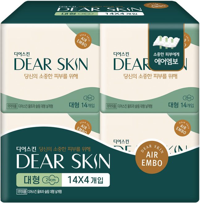 디어스킨 에어엠보 날개형 생리대, 대형, 14개입, 4개
