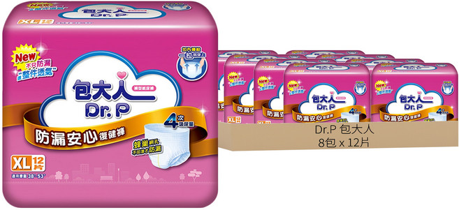 Dr.P 包大人 防漏安心復健褲 蜂巢網孔 瞬吸防漏 整件透氣, XL, 12片, 8包
