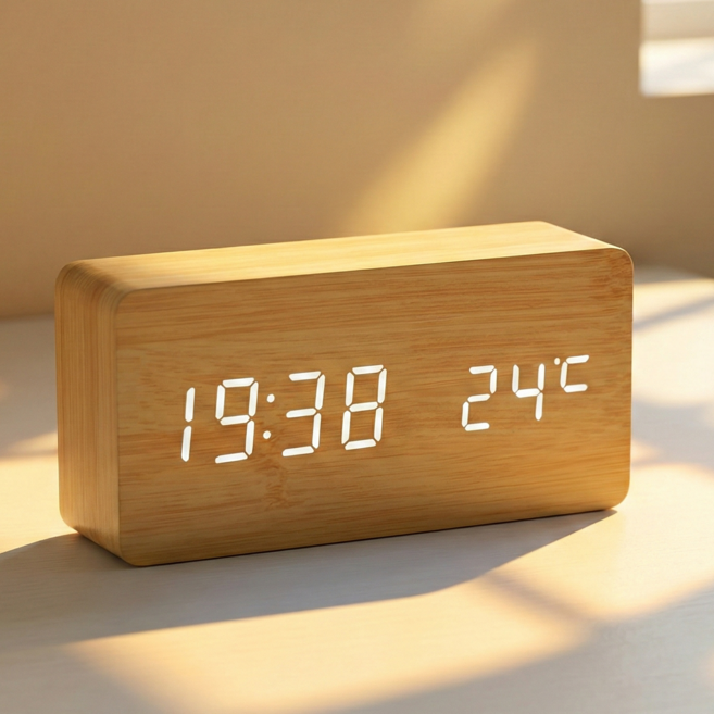 에이빈 LED 북유럽 무소음 알람 탁상시계, 대나무(우드) + 화이트(글자)