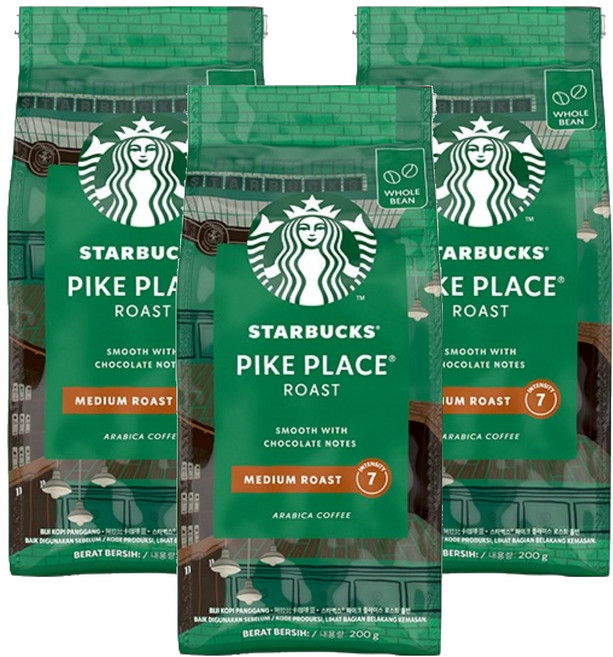 스타벅스 파이크 플레이스 로스트 홀빈 커피 원두, 홀빈(분쇄안함), 200g, 3개