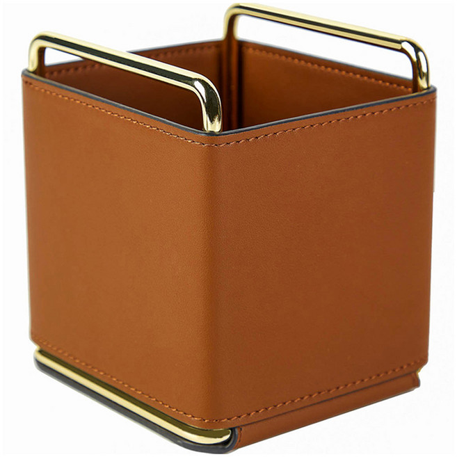 골드 프레임 가죽 연필꽂이, 레더 브라운, 1개