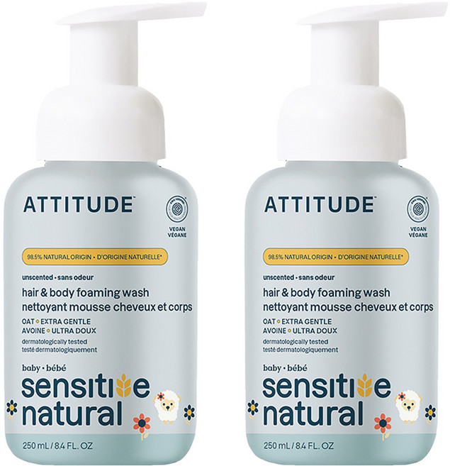 ATTITUDE 艾特優 寶寶敏感肌膚2合1泡沫洗髮沐浴精 無香精, 250ml, 2瓶