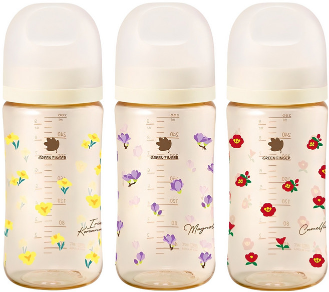 베베그로우 PPSU 노꼭지 젖병 트리플팩, 노랑붓꽃 + 동백꽃 + 목련꽃, 280ml, 1세트