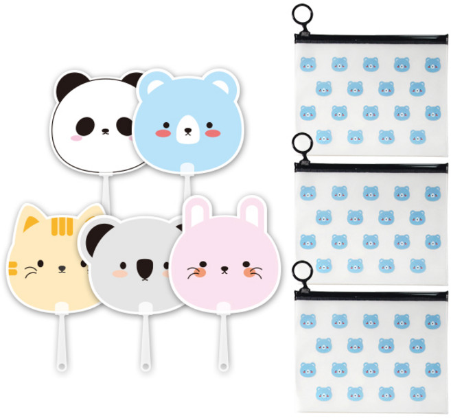 애니멀 프랜즈 부채 5p + 애니멀 지퍼백 스몰 3p 세트, 블루곰(지퍼백), 랜덤발송(부채), 1세트