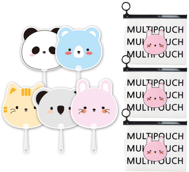 애니멀 프랜즈 부채 5p + 애니멀 지퍼백 스몰 3p 세트, 토끼(지퍼백), 랜덤발송(부채), 1세트