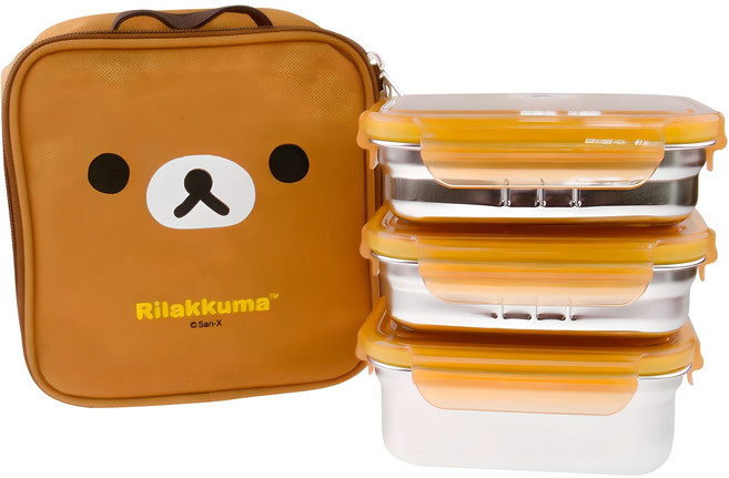 리락쿠마 아동용 스텐 얼굴 3단 도시락 + 가방 세트, 브라운, 1세트