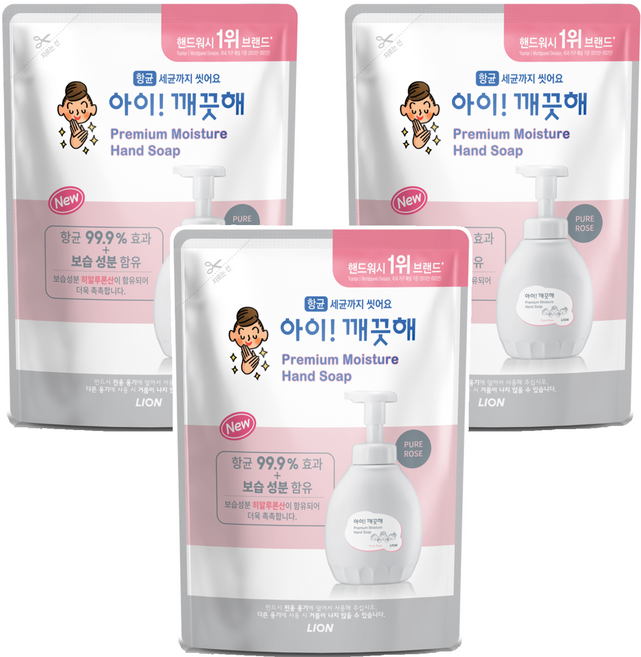 아이깨끗해 프리미엄 모이스처 핸드워시 퓨어로즈 리필, 400ml, 3개