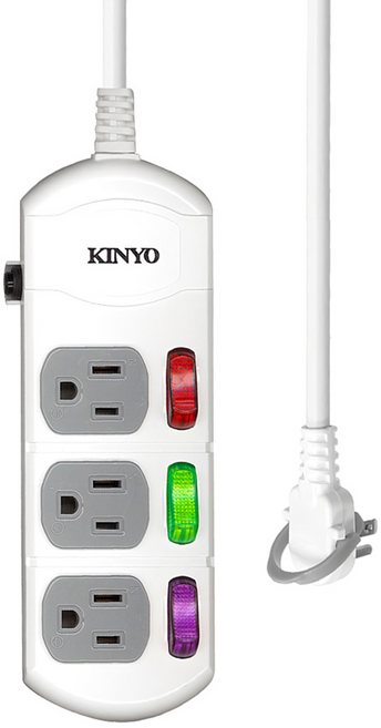 Kinyo 3開3插延長線 3孔, 1.8m, 白色, 1個