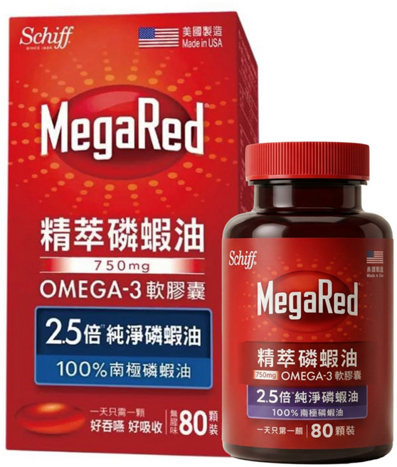 Megared 精萃磷蝦油Omega-3軟膠囊, 80顆, 1.3g, 1罐