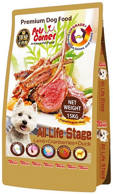 Pets Corner 沛克樂 全齡犬用 頂級天然糧 保護皮膚低敏餐 狗乾糧 大顆粒, 15kg, 1袋, 羊肉 + 蔓越莓 + 鴨肉