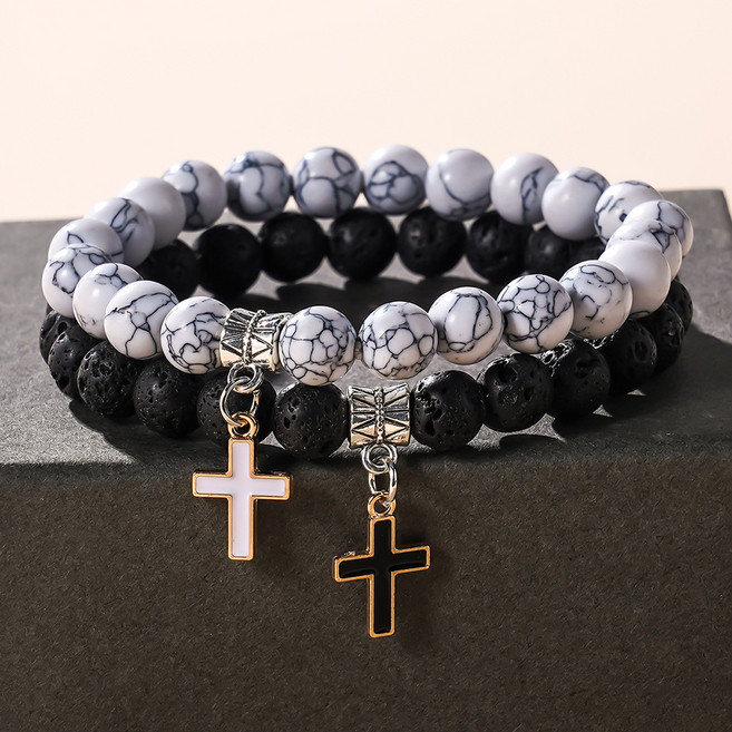 붓다베스트 십자가 기독교 천주교 팔찌 화산석 + 백송석 세트