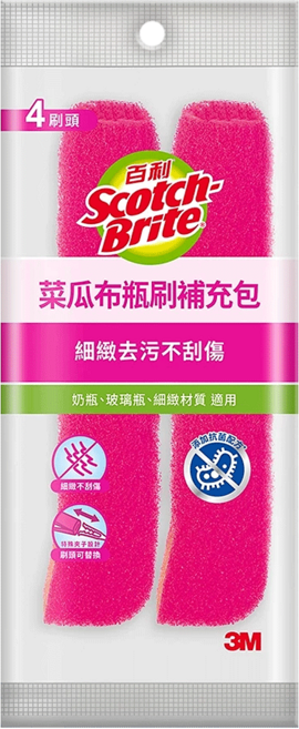 3M Scotch-Brite 百利 菜瓜布瓶刷補充包 細緻潔淨型 10 x 4 x 3.6cm 粉色, 4個, 1包