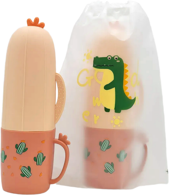 아우라팸 아동용 선인장 휴대용 여행용 양치컵 칫솔케이스, 핑크, 1개