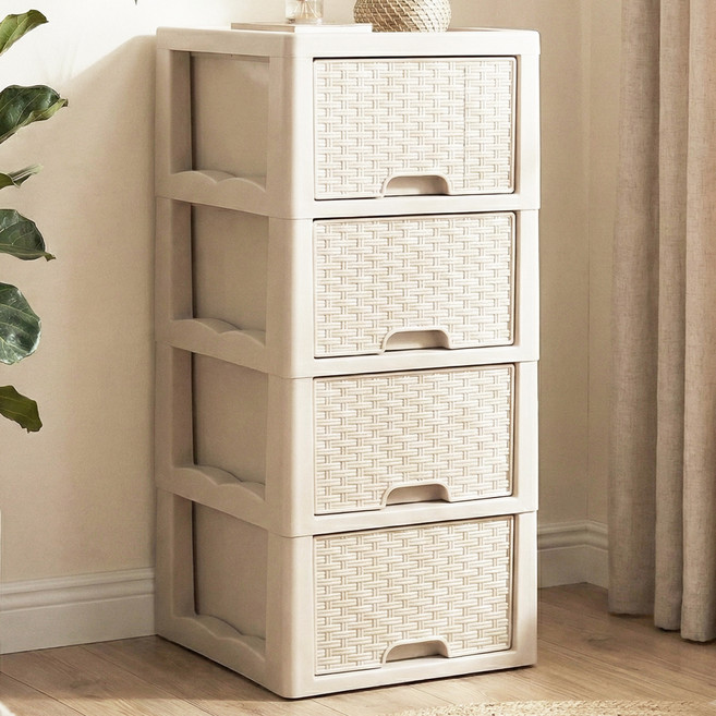 라탄 슬림 서랍장, 베이지, 4단