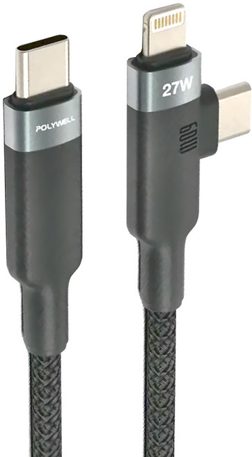 POLYWELL 寶利威爾 二合一T型編織快充線 Type-C To C + Lightning PW15-W45-A392, 1m, 黑色, 1條