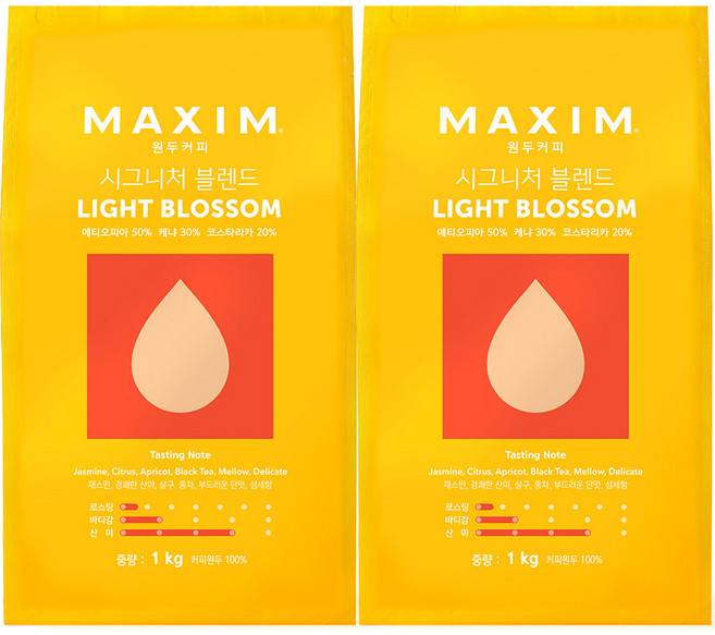 맥심 원두커피 시그니처 블렌드 라이트 블로섬, 홀빈(분쇄안함), 1kg, 2개