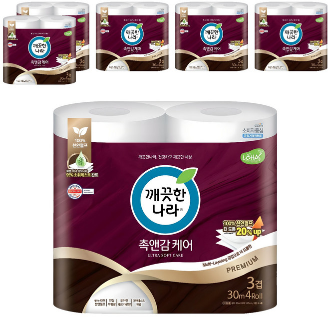 깨끗한나라 천연펄프 3겹 촉앤감 케어 롤화장지, 30m, 4개입, 6개