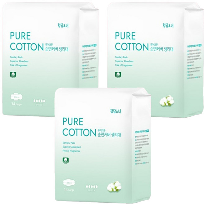 청담소녀 퓨어코튼 순면 생리대 날개형, 3개, 14개입, 대형