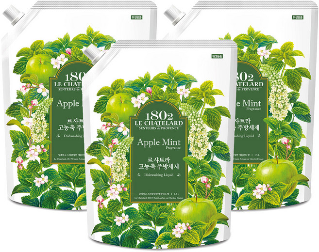 르샤트라1802 고농축 주방세제 리필 애플민트, 3개, 1.5L