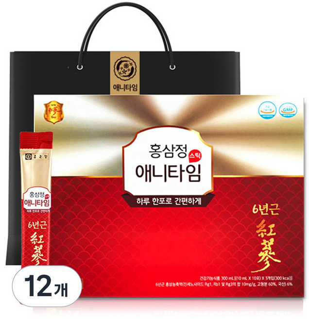 종근당 홍삼정 애니타임 스틱 + 쇼핑백, 30회분, 12개