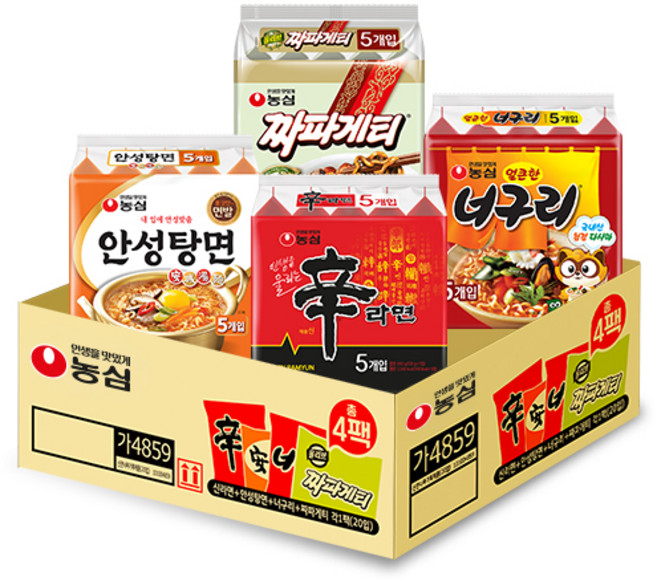 농심 신라면 120g x 5p + 안성탕면 125g x 5p + 얼큰 너구리 120g x 5p + 짜파게티 140g x 5p, 20개