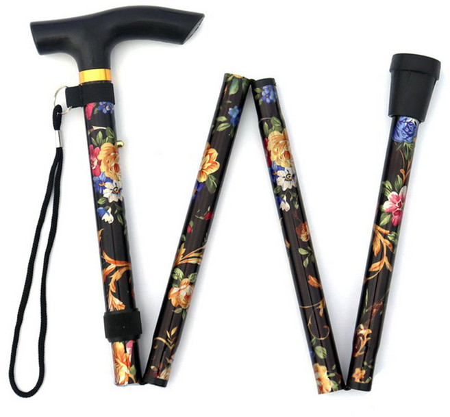 Dr.펠리스제이 접이식 꽃무늬 어르신 지팡이, 블랙, 1개