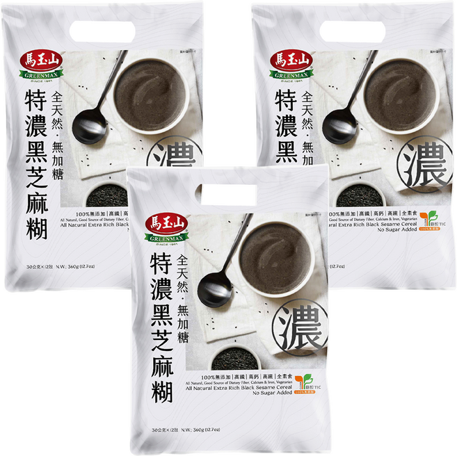 馬玉山 全天然無加糖特濃黑芝麻糊, 360g, 3袋