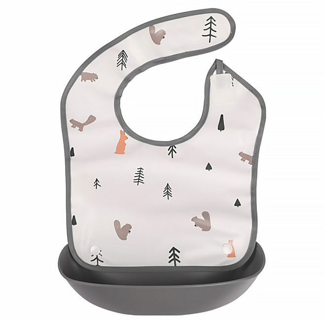 NORDICO 防水圍兜 北歐風格設計 輕柔材質防漏口袋 可拆卸清洗便利, 森林朋友款 白色, 1個, 1個