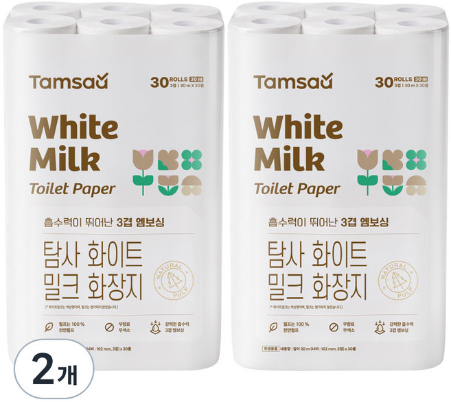 탐사 화이트 밀크 천연펄프 3겹 화장지 30m, 30개입, 2개