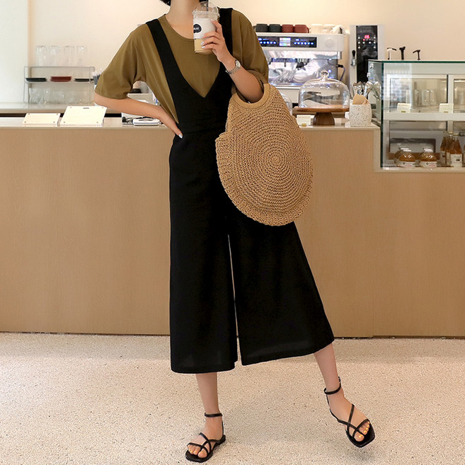 빼빼 여성용 통기성 브이 린넨 와이드 점프수트