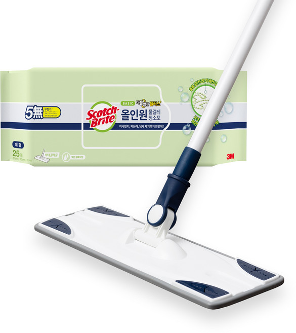 스카치브라이트 베이직 막대걸레 + 올인원 물걸레 청소포 25매, 1세트